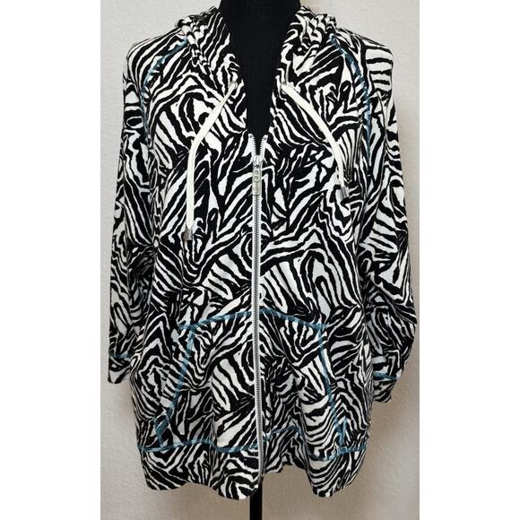 Zenergy by Chico's Zebra Stripe Hooded Full Zip Jacket 3/4 Sleeves Size 3 (XL) - Picture 1 of 4
